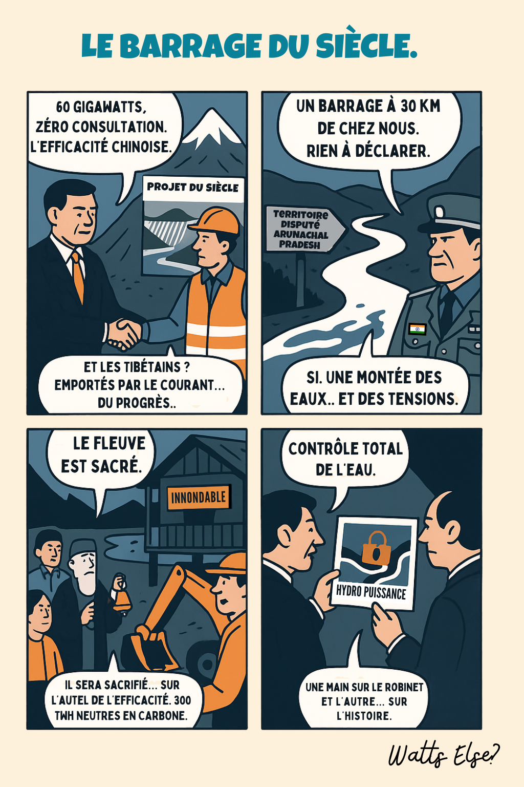 BD pédagogique sur Le mégabarrage de Medog : énergie propre, conflit sale - Transition énergétique et Hydrolélectricité | Watts Else?